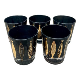 Mid-Century Fred Press Atomic Fish Lowball Cocktail Glasses- Set of 5 For Sale