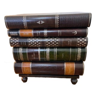1980s Maitland-Smith Leather-Wrapped Stacked Book Side Table With Drawers, Attributed For Sale