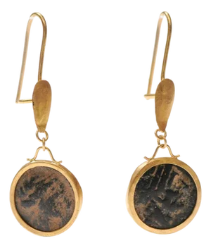 A Pair of 21K Gold Earrings with Roman Coins