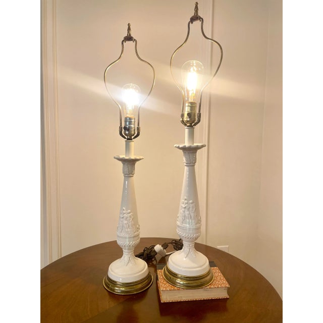 White A Pair of Neoclassical Revival Porcelain, Ceramic & Bras Table Lamps For Sale - Image 8 of 12