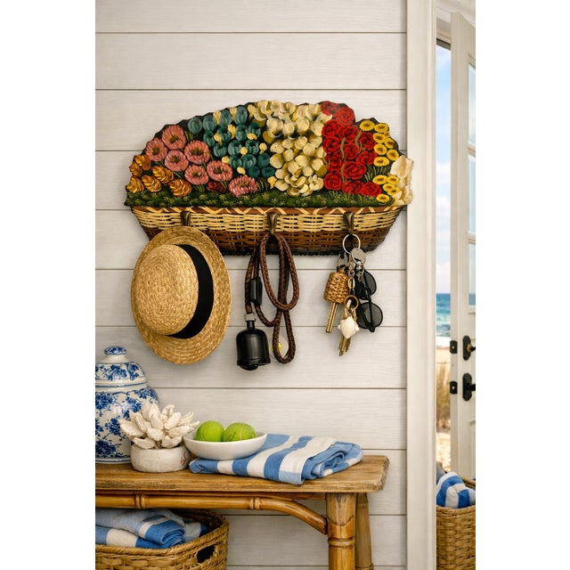 Rustic Vintage Hand Painted Toleware Floral Nantucket Basket Wall Hooks For Sale - Image 3 of 13