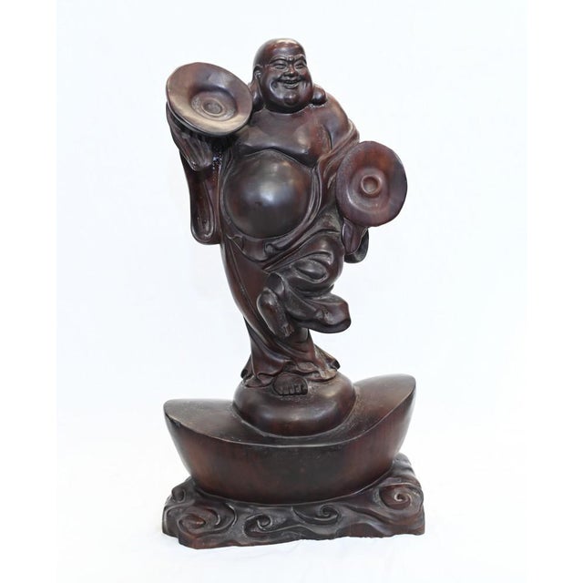 Charcoal Antique Chinese Happy Buddha Carved Hardwood Statue For Sale - Image 8 of 8