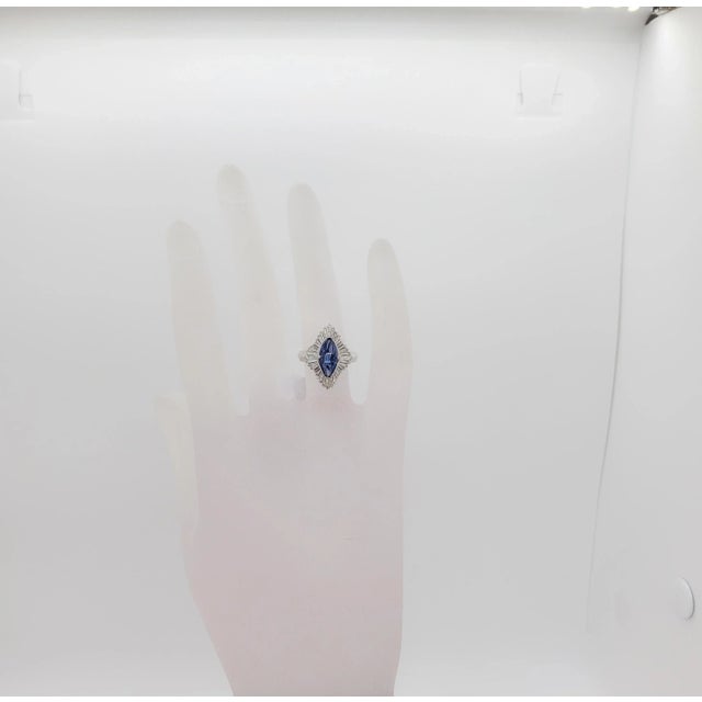 Contemporary Estate Blue Sapphire Marquise and White Diamond Cocktail Ring in Platinum, size 5.75 For Sale - Image 3 of 6