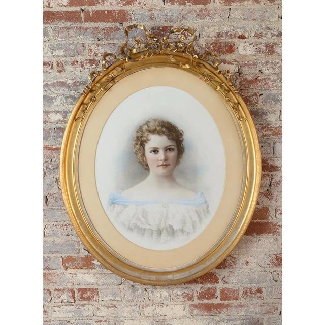Offered is a French pastel painting titled "Beautiful Girl Portrait" with oval gilt-wood frame, circa 1840s. A beautiful...