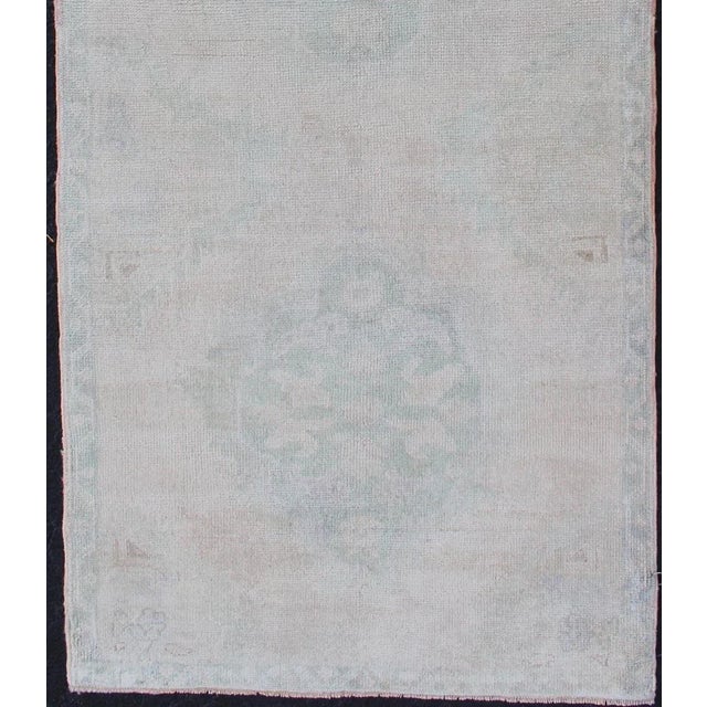 Turkish Vintage Hand Knotted Turkish Oushak Runner in Faded Green and Blue in Neutral Background For Sale - Image 3 of 12