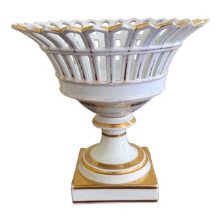 Antique Reticulated Porcelain Basket Compote With Gold Gilt Details For Sale