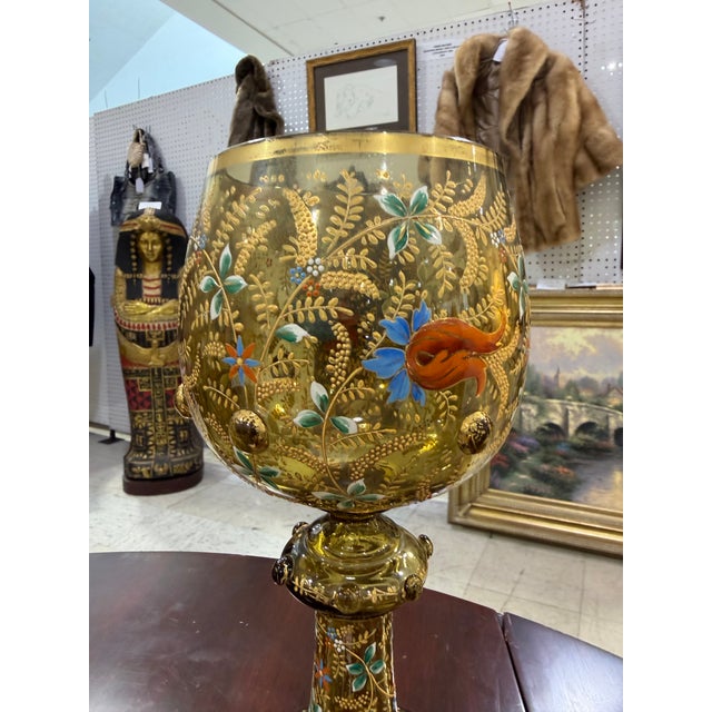 Moser Glassworks Antique Moser Enamel and Gilt Glass Goblet, Bohemian Art Glass Chalice, 11.75 For Sale - Image 4 of 6
