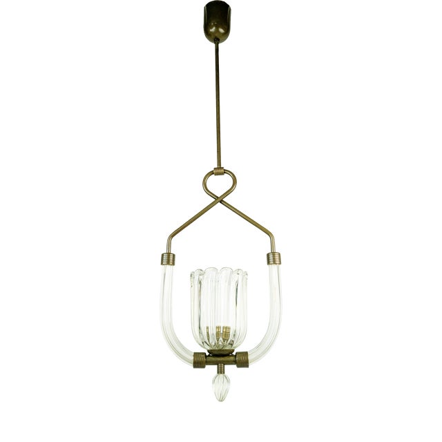 Brass and Clear Murano Glass Pendant Light attributed to Barovier & Toso For Sale