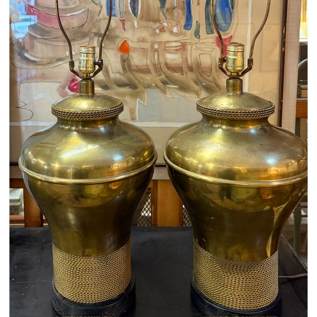 Frederick Cooper Mid 20th Century Mid Century Modern Frederick Cooper Brass Lamps With a Textured Rope Design For Sale - Image 4 of 8