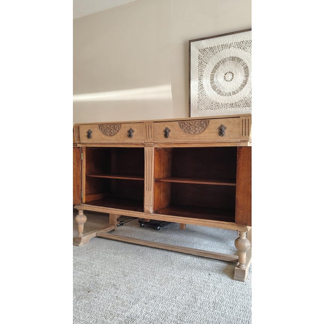 Antique English Oak Sideboard With Bun Feet and Carved Details For Sale - Image 11 of 12