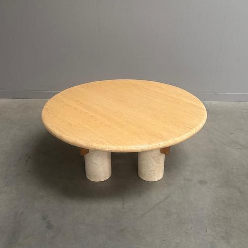 Wood Round Travertine Coffee Table, 1970s For Sale - Image 7 of 13