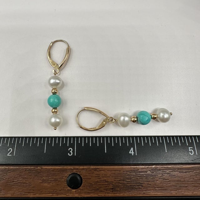 Early 21st Century Turquoise & Pearl Drop Earrings in 14kt Yellow Gold - 2.9g, Lever Backs, New, A Pair For Sale - Image 5 of 5