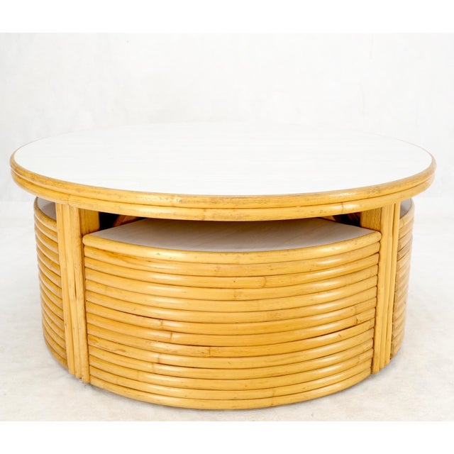 Mid 20th Century Hi-Lo Convertible Reed Coffee Dinette Game Table w/ Nesting Benches Stools Chair For Sale - Image 5 of 17