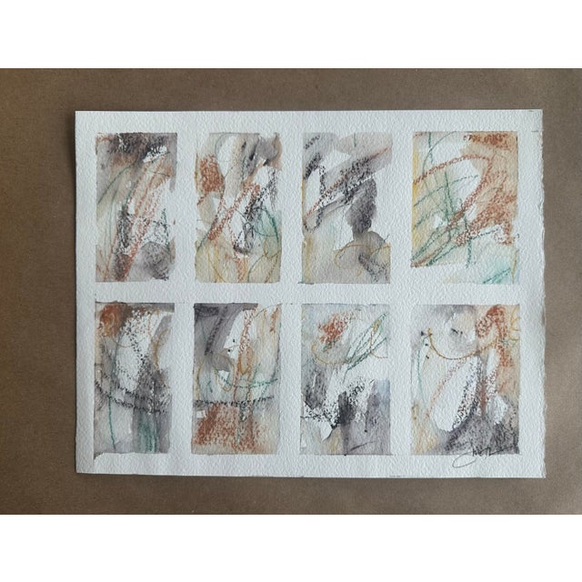 A beautifully intuitive abstract watercolor composed of eight softly layered panels, each carrying gestural marks, muted...