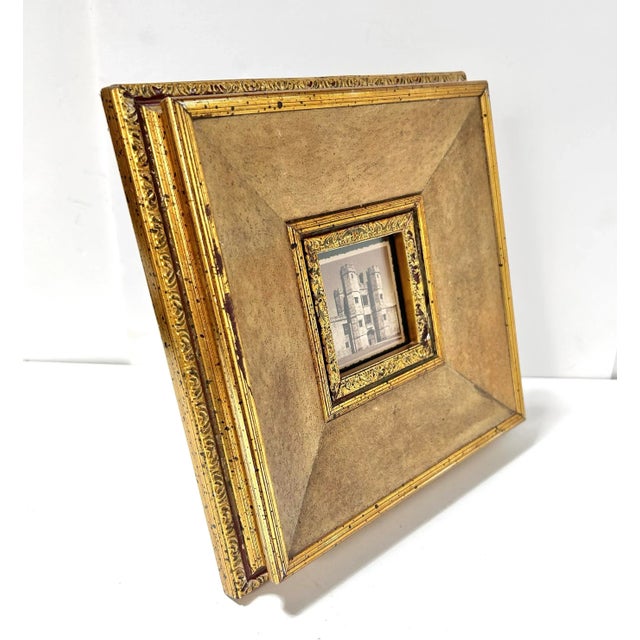 Gold gilt leather picture frame with textured surround and layered inner molding, offering a rich, dimensional look ideal...
