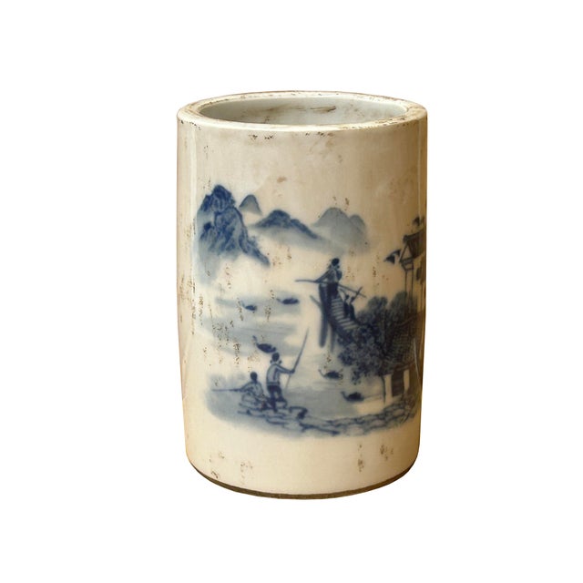 Chinese Chinese Distressed White Porcelain Blue Mountain Houses Graphic Holder Vase For Sale - Image 3 of 15