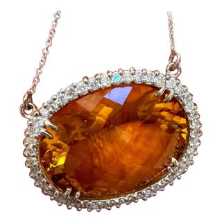 Natural 48 Carat Oval Citrine & Diamond Pendant 14 Karat White Gold Necklace For Sale