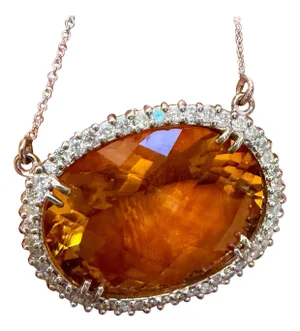 Natural 48 Carat Oval Citrine & Diamond Pendant 14 Karat White Gold Necklace
