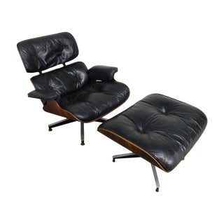 Herman Miller 1960's Eames Black Leather and Rosewood Lounge Chair and Ottoman For Sale
