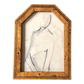 1950’s Small Abstract Charcoal Female Study Drawing Burled Wood Frame For Sale