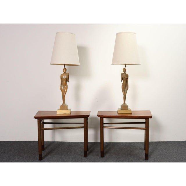 Pair of tall figural/biomorphic table lamps supported by painted gold wooden plinth bases by Clifford C. Stasack (ca....