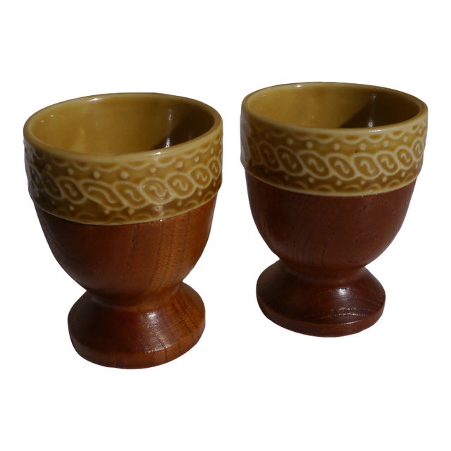 1960s Vintage Wood Ceramic Easter Egg Cups, Japan- Set of 2 For Sale