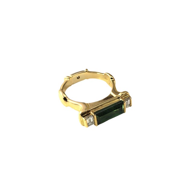 Mid 20th Century Mid 20th Century 18k Yellow Gold Green Tourmaline & Diamond Ring Size 8.25 For Sale - Image 5 of 8