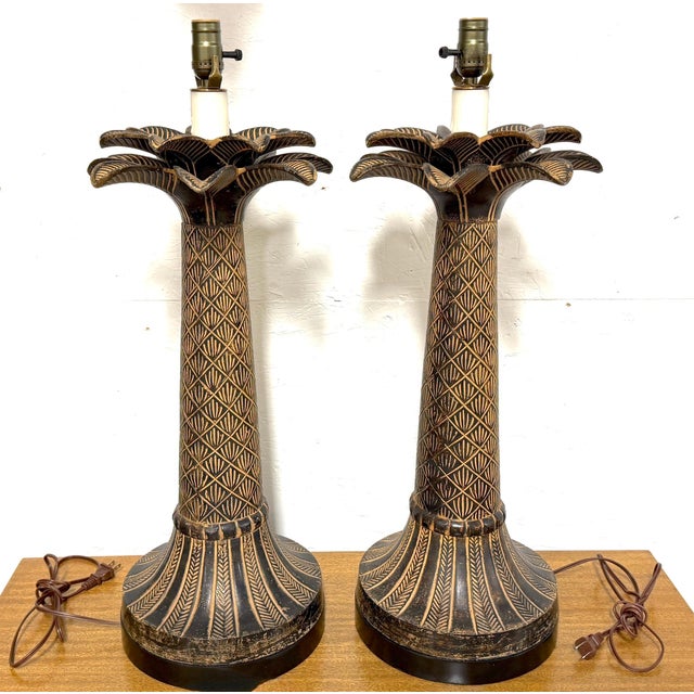 Late 20th Century Pair of British Colonial Style Bronze Palm Tree Lamps with Carved Tribal Motifs For Sale - Image 12 of 12