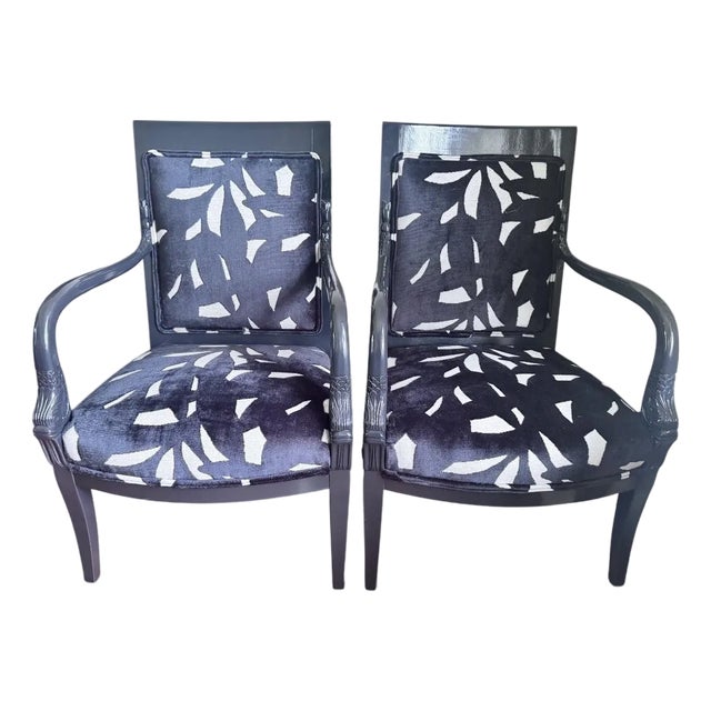 Pair of Lacquered Neoclassical Dolphin Armchairs ~ New Upholstery For Sale