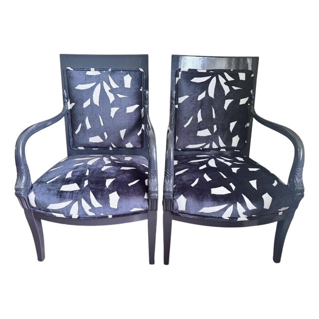 Pair of Mid 20th Century Lacquered Neoclassical Dolphin Armchairs ~ New Upholstery For Sale
