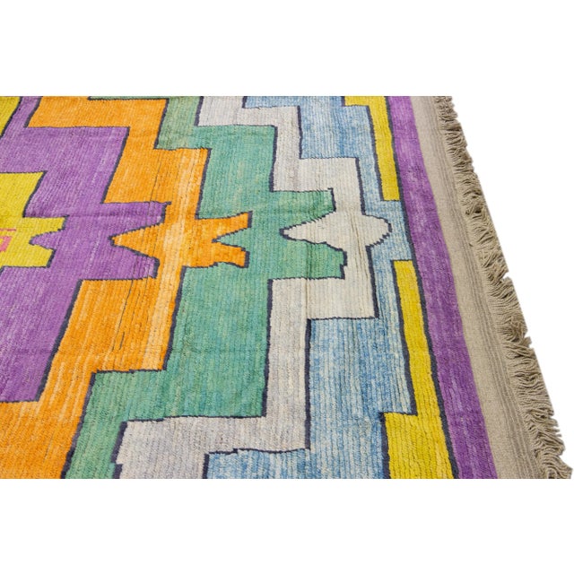 Purple Modern Turkish Tulu Handmade Multicolor Geometric Motif Oversize Wool Rug For Sale - Image 8 of 11