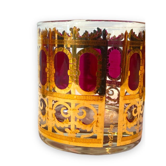 Art Deco Morphew Abode 1960s Culver Burgundy Art Deco & 22k Gold Lowball Cocktail Glasses- Set of 5 For Sale - Image 3 of 11