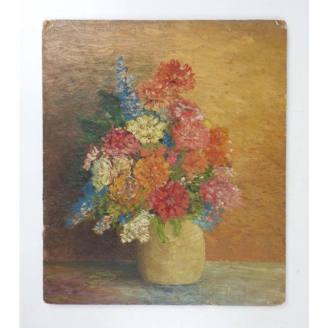 Vintage impressionist oil on artist board still life with ochre, red and blue flowers in yellow vase. Unsigned. Unframed,...