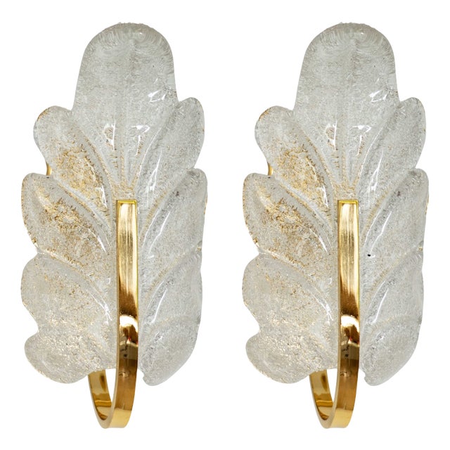 Vintage Hollywood Regency Murano Graniglia Glass Leaf Wall Sconces in Brass, 1970s, Set of 2 For Sale