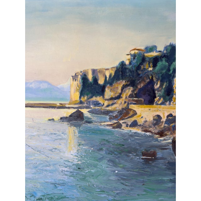 Large French Vintage Mediterranean Coastal Seascape Oil Painting on Canvas, Wood Framed For Sale - Image 4 of 18