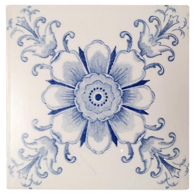Art Deco White and Blue Flower Glazed Tiles by Le Glaive, 1920 For Sale