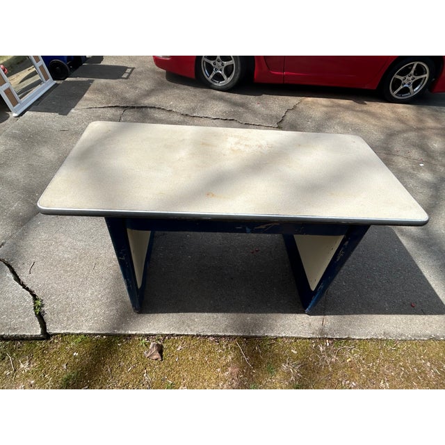 Vintage Industrial Steel Work Desk With Blue Frame and White Formica Top For Sale In Atlanta - Image 6 of 9
