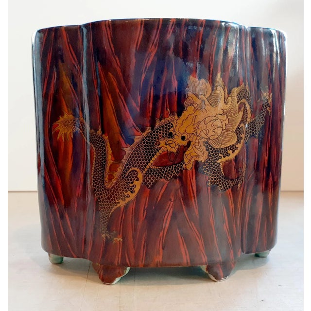 Vintage Chinese Porcelain Faux Bois Gilt Dragon Brush Pot For Sale - Image 4 of 9