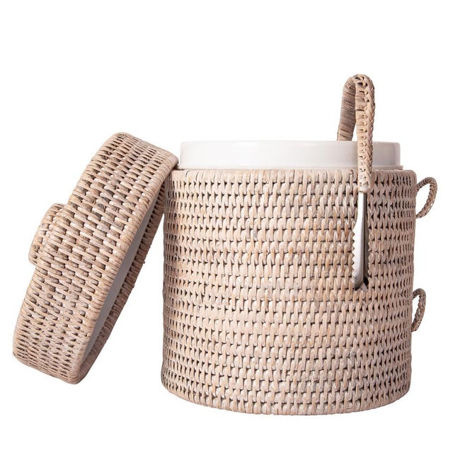 Wood Artifacts Rattan Ice Bucket with Tongs in White Wash 9" - 2 Pieces For Sale - Image 7 of 7