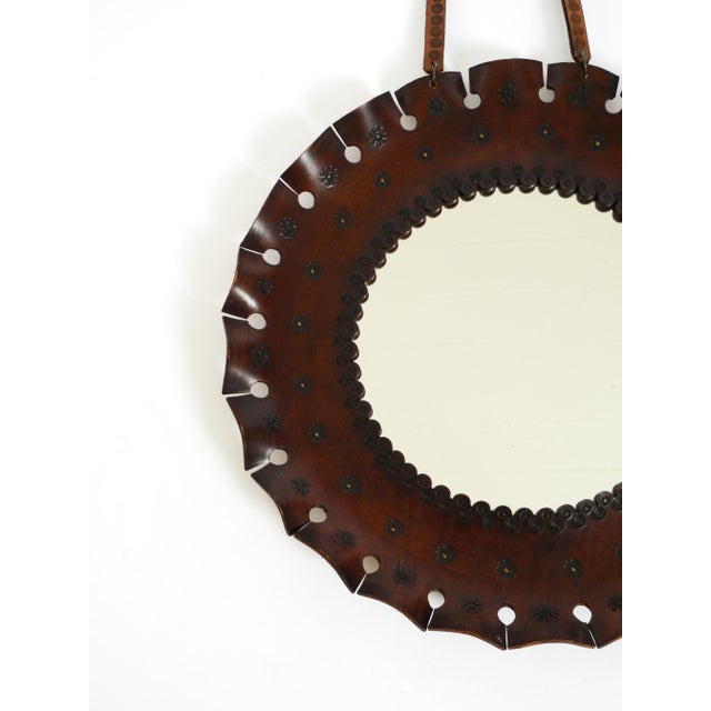 1960s Round Wall Mirror with Leather Frame and Strap, 1960s For Sale - Image 5 of 17