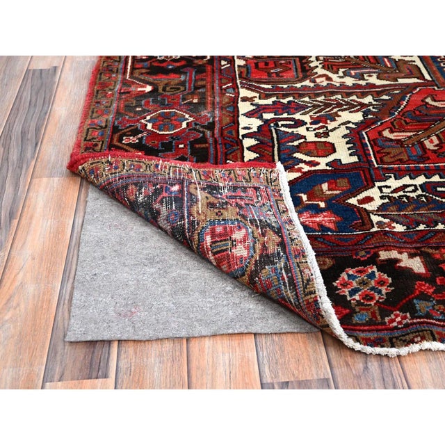 Red 1960 8'2"x10'10" Red Hand Knotted Pure Wool Centre Geometric Medallion Worn Down Rug For Sale - Image 8 of 12