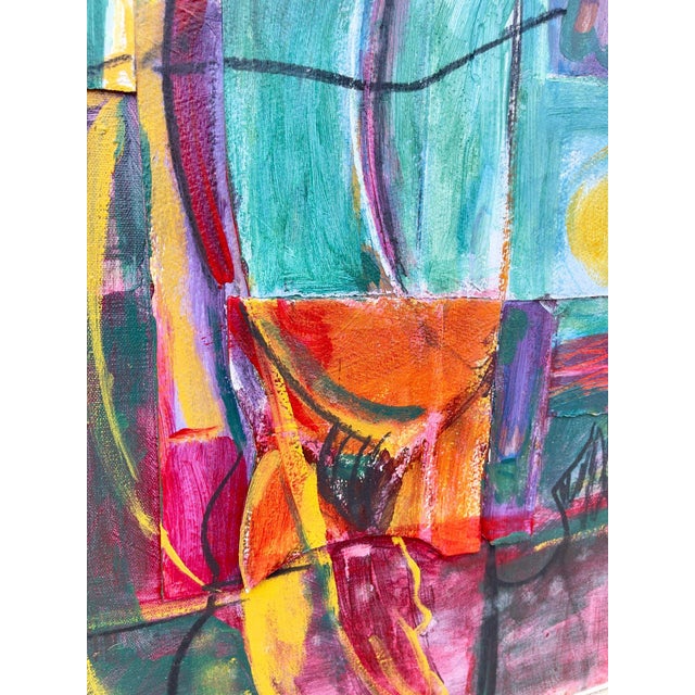 Magenta Large Cubist Influenced Figurative Mixed Media Painting Circa 1990 For Sale - Image 8 of 9