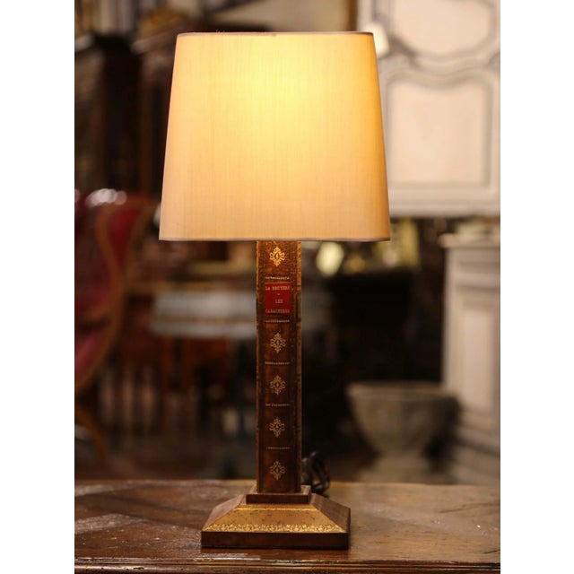 Mid-Century French Leather Faux Book Table Lamp With Shade For Sale - Image 4 of 10