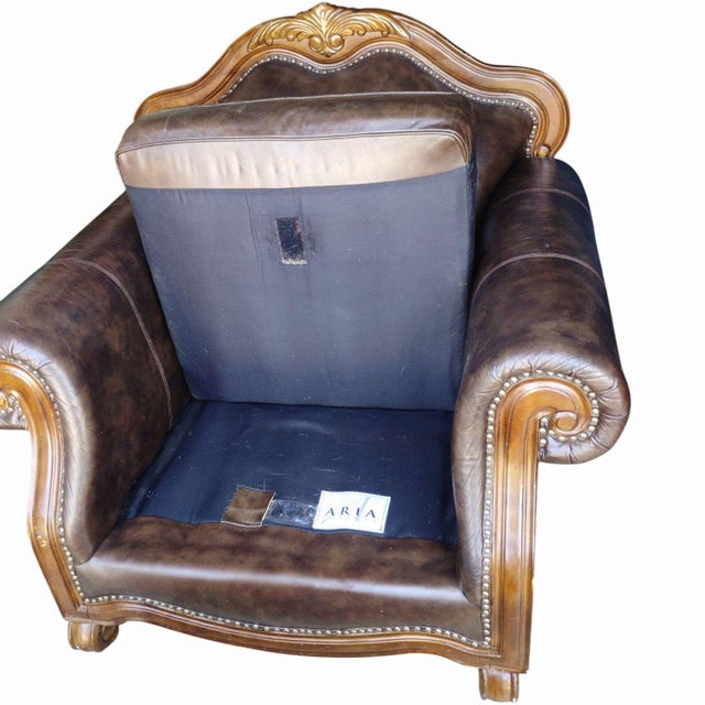 Rustic Indulge in the Rich Heritage and Exquisite Craftsmanship of the Aria Leather Chair and Ottoman Set. For Sale - Image 3 of 12