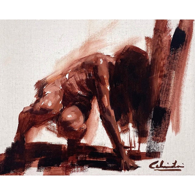 Momentum by Calvin Lai | Oil on canvas and wood panel figure in motion on a neutral background For Sale