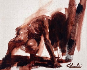 Momentum by Calvin Lai | Oil on canvas and wood panel figure in motion on a neutral background