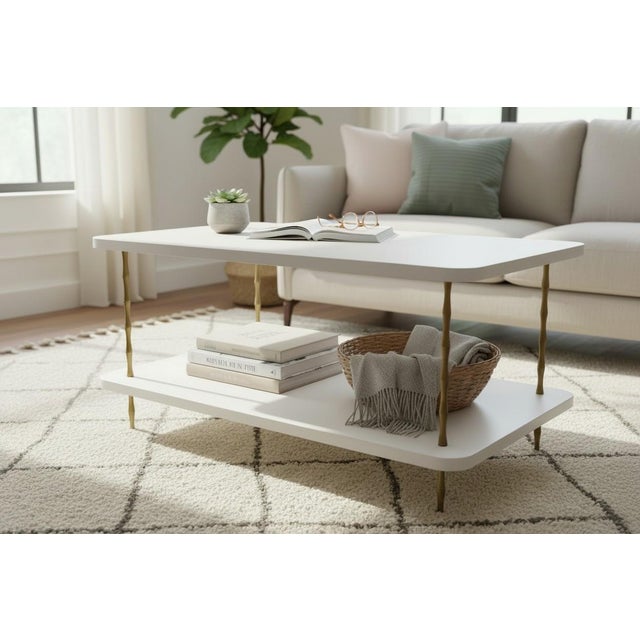 Handcrafted Satin White Dove Lacquered Two-Layer Coffee Table With Brass Bamboo Legs For Sale In New York - Image 6 of 6