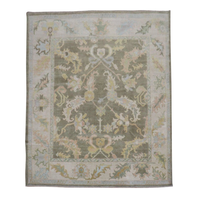 Vintage Traditional Green Brown Oushak Rug - 7'11" x 9'6" For Sale