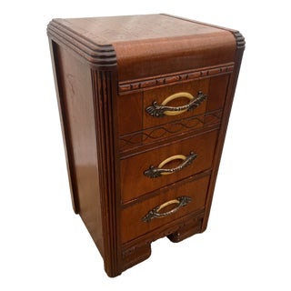 1920s Art Deco Nightstand Bed Side Table Three Drawers Bakelite Handles Waterfall Top For Sale