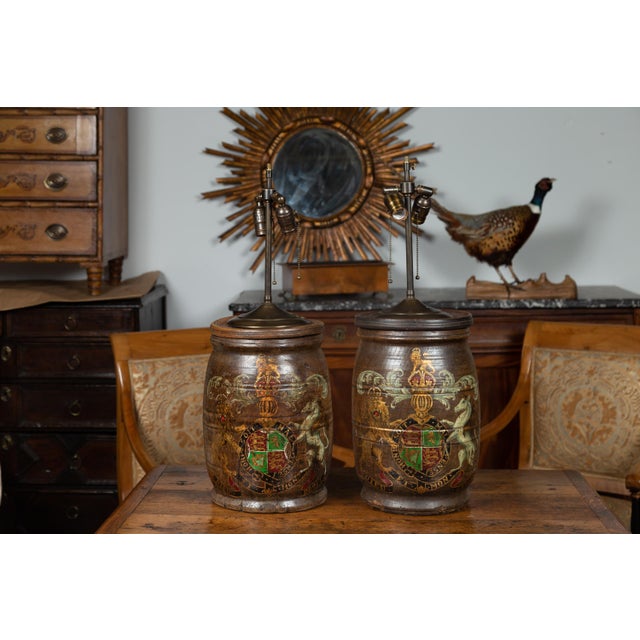 1880s English Wooden Barrels with Coat of Arms Made into Table Lamps - a Pair For Sale - Image 12 of 12
